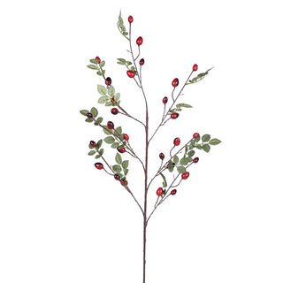 Faux rose hip spray with red berries and green leaves on a white background, 100cm tall