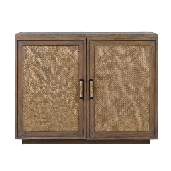 Wooden cabinet with wicker doors on a white background