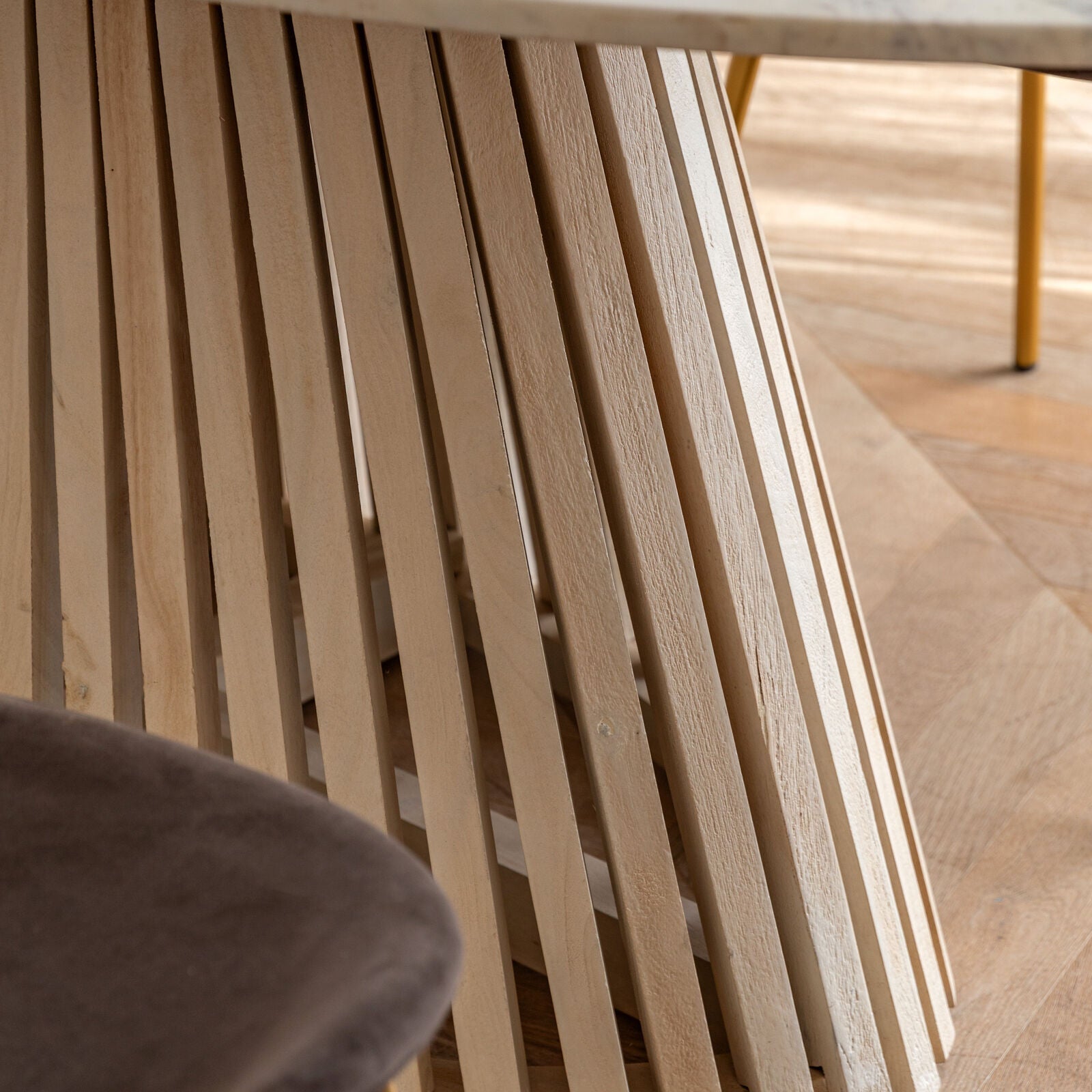 Sculptural mango wood slatted base close-up with elegant craftsmanship