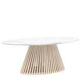 Arya Oval Dining Table with slatted mango wood base and polished Indian white marble top
