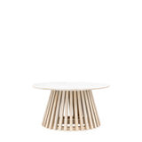 Arya Round Coffee Table with Indian white marble top and natural mango wood slatted base