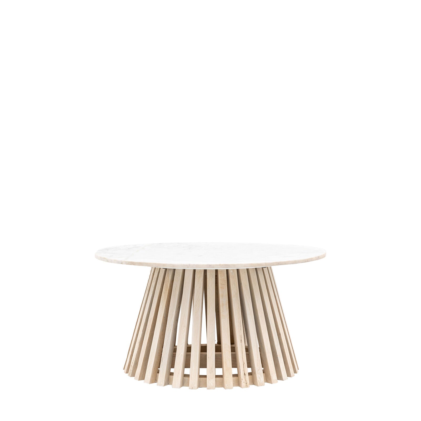 Arya Round Coffee Table with Indian white marble top and natural mango wood slatted base