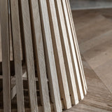 Close-up of the slatted solid mango wood base
