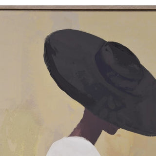 Ascot canvas close-up showing painterly brushwork on the wide-brimmed black hat and white dress collar against a warm cream painted background

