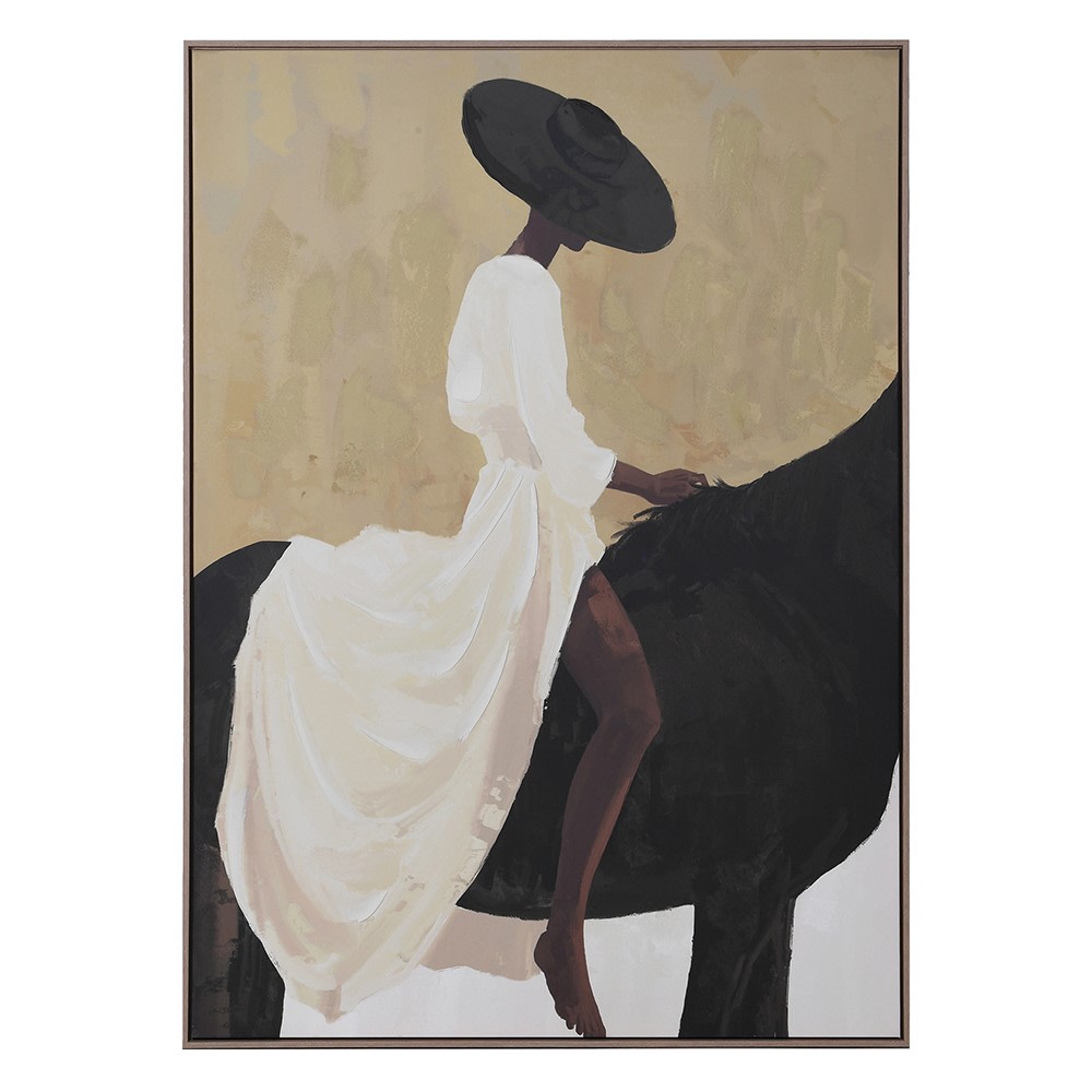 Ascot framed canvas painting of a woman in a flowing white dress and wide black hat seated on a dark horse, against a soft sand background, 140 by 100cm