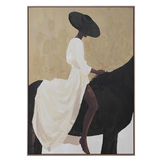 Ascot framed canvas painting of a woman in a flowing white dress and wide black hat seated on a dark horse, against a soft sand background, 140 by 100cm