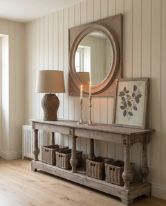 Wooden console table with round mirror, lamp, and framed picture against a striped wall.