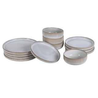 Ashwell 12 piece fluted dinner set in soft grey reactive glaze earthenware