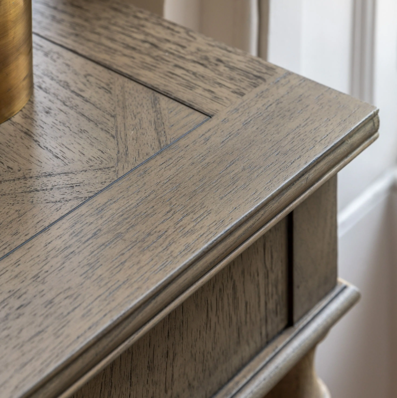 Close up of parquet inlay detail on Atelier desk surface