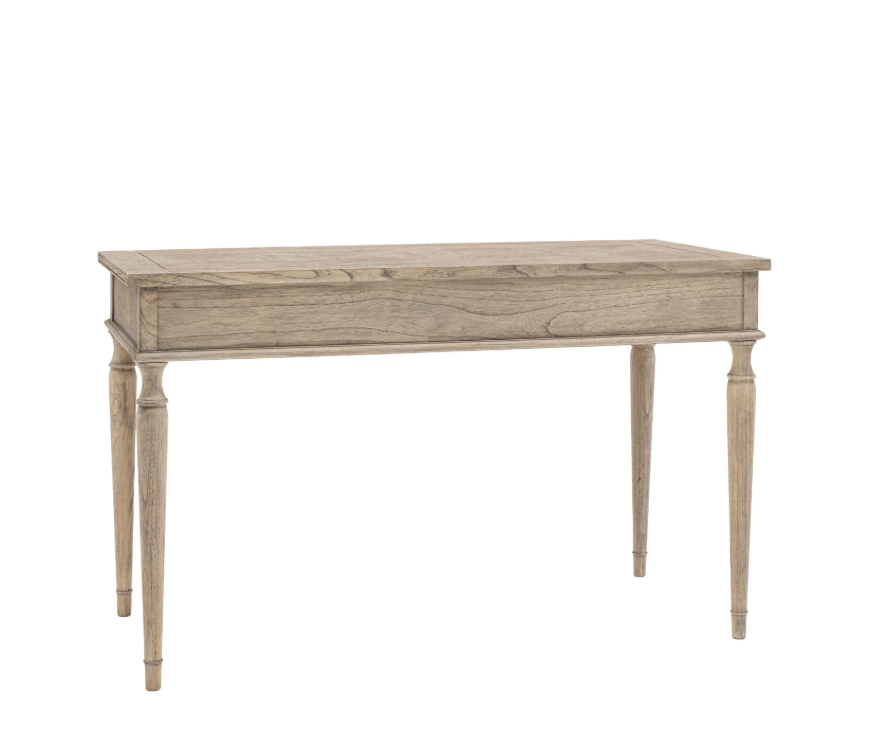 rear view of Atelier parquet desk with turned legs