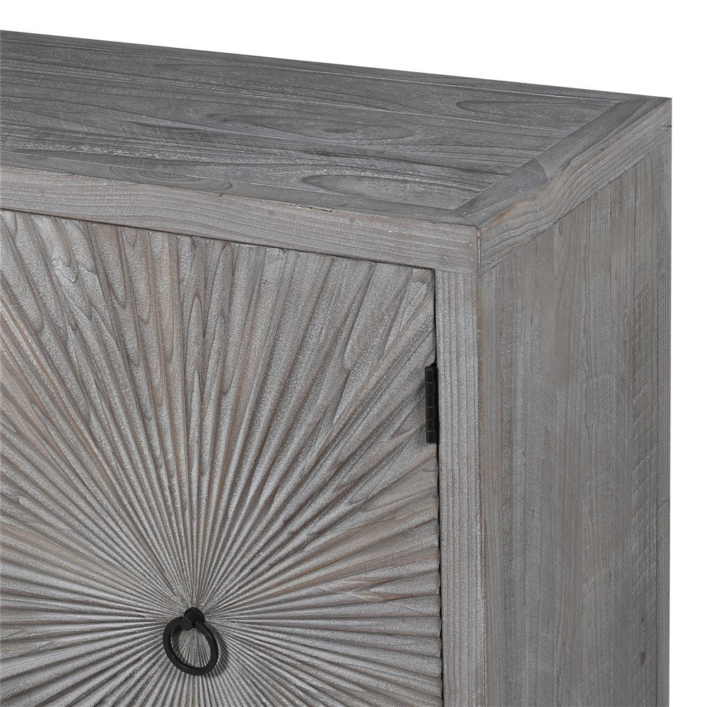 Aura Pine Four Door Sideboard with carved sunburst doors and black ring handles in weathered grey pine finish