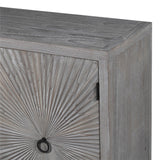 Aura Pine Four Door Sideboard with carved sunburst doors and black ring handles in weathered grey pine finish