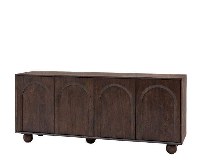 Wooden sideboard with arched design on a white background