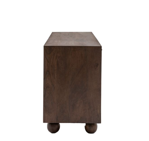 Wooden side table with round legs on a white background