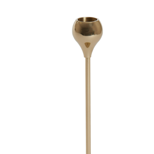 Gold metal candlestick holder with a sleek round base and modern design close up