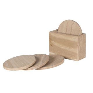 Avebury travertine-effect coaster set, showing four oval cream stone coasters arranged beside a matching upright travertine holder against a white background