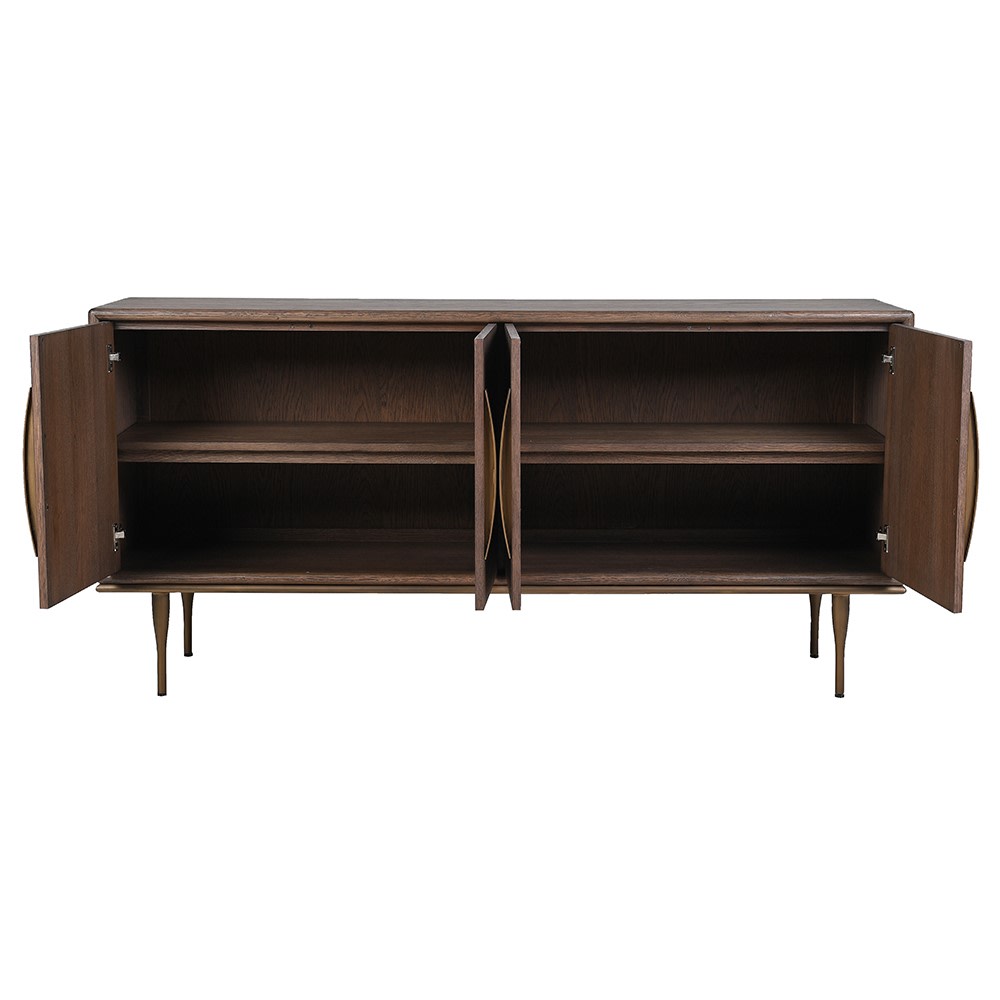Open view of The Aveline Oak Sideboard showcasing internal shelves
