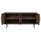 Open view of The Aveline Oak Sideboard showcasing internal shelves