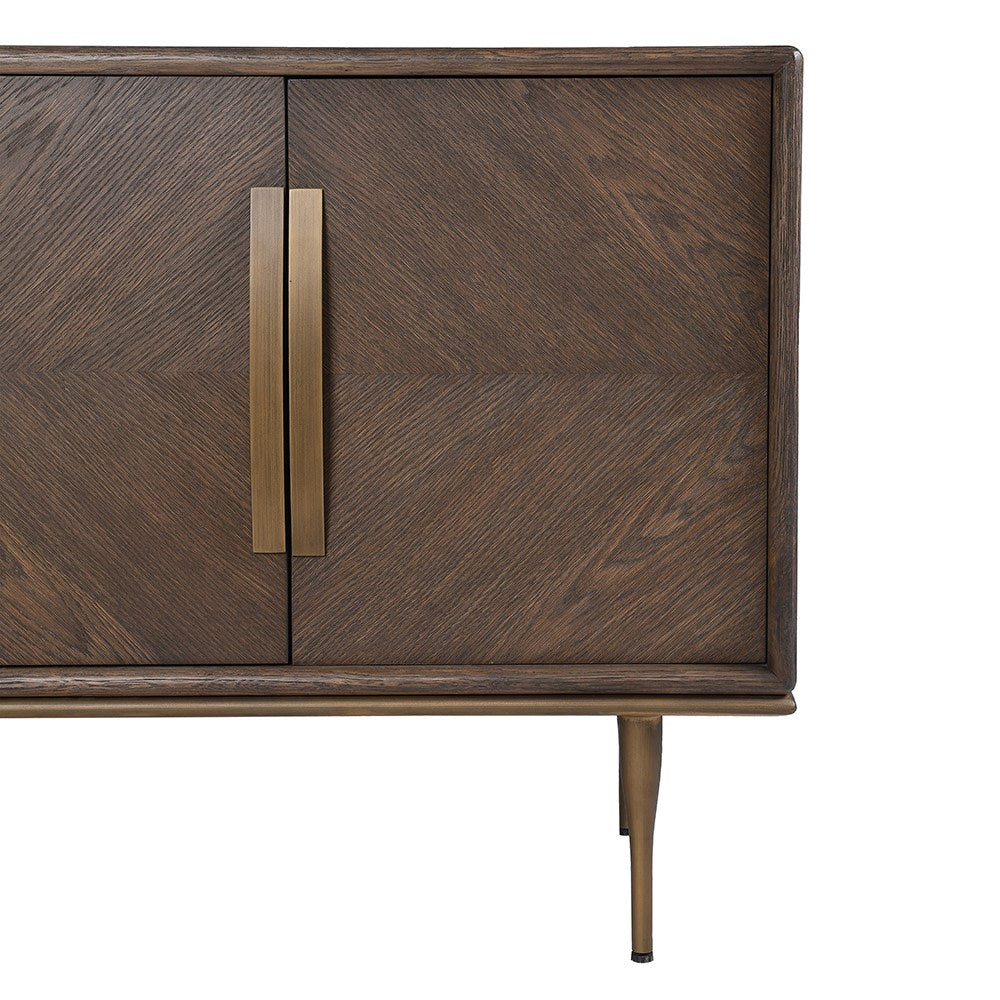 Close-up of The Aveline Oak Sideboard brass handle and wood grain detail