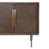 Close-up of The Aveline Oak Sideboard brass handle and wood grain detail