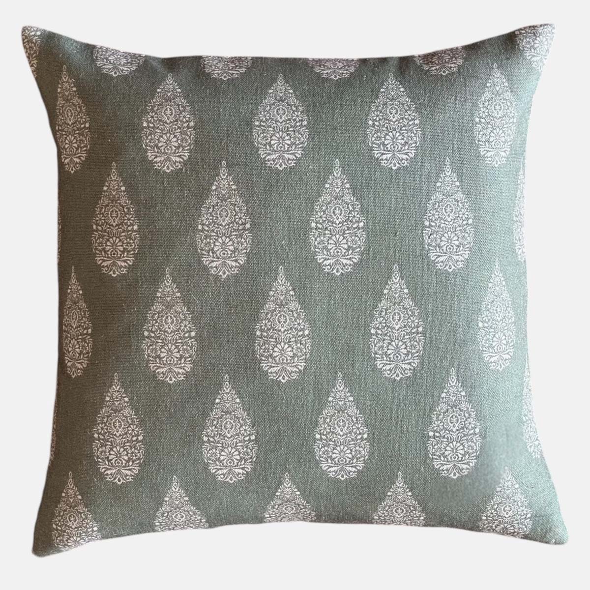 Shiloh block print cushion green pattern linen