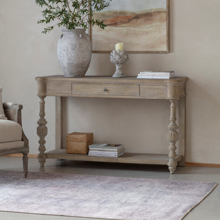 Grassington washed pine console table with turned legs and single drawer