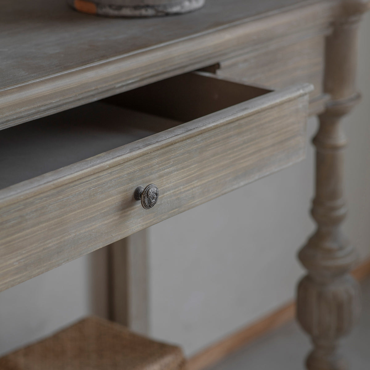 Grassington console table front view in pale washed pine finish