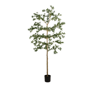 An artificial potted tree with a light brown trunk, green leaves, and a black pot, shown against a plain white background.