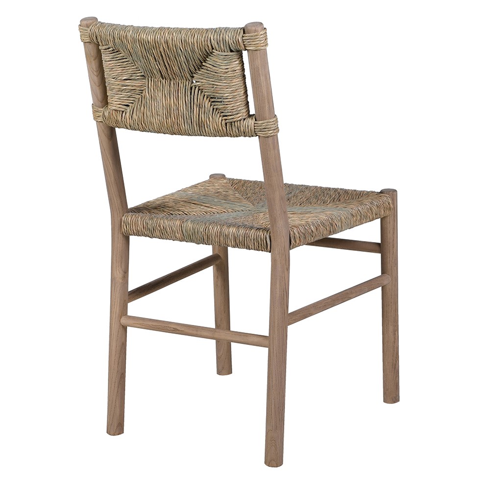 Back view of woven seagrass dining chair with solid wood frame