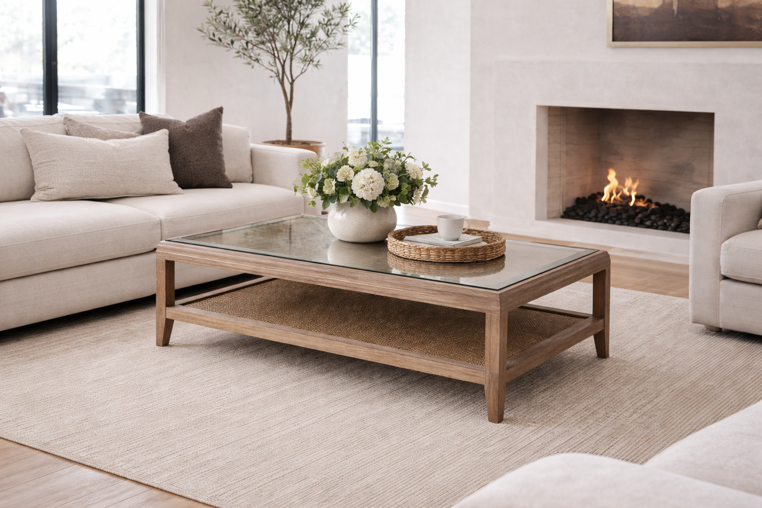 Bali Grove Bayur Wood Coffee Table with Woven Shelf and Glass Top