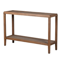 Bayur wood console table with natural rattan shelves, front side angle view