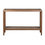 Front view of narrow bayur wood console with woven rattan shelving