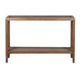 Front view of narrow bayur wood console with woven rattan shelving