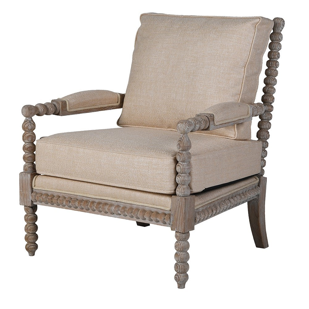 Beaumont Bobbin Armchair in Boucle Linen and Mahogany Frame - Angled View