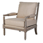 Beaumont Bobbin Armchair in Boucle Linen and Mahogany Frame - Angled View