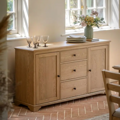 Beeley Oak Sideboard with three drawers and two cupboards in natural solid oak finish