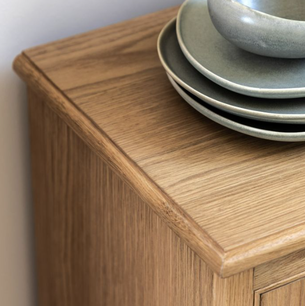 Beeley Oak Small Sideboard with single cupboard and four drawers in natural solid oak finish