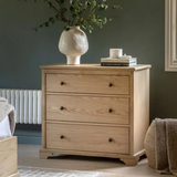 Beeley Oak Three Drawer Chest in natural solid oak with three drawers and metal knobs