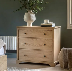 Beeley Oak Three Drawer Chest in natural solid oak with three drawers and metal knobs