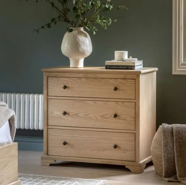 Beeley Oak Three Drawer Chest in natural solid oak with three drawers and metal knobs