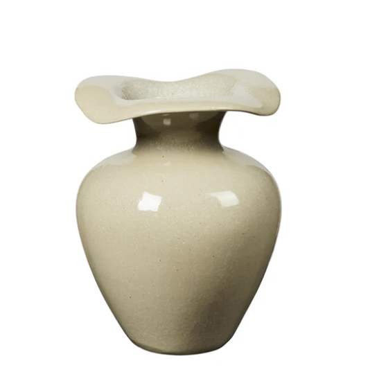 Beige glazed stoneware vase with flared rim and sculptural design, perfect for modern home decor