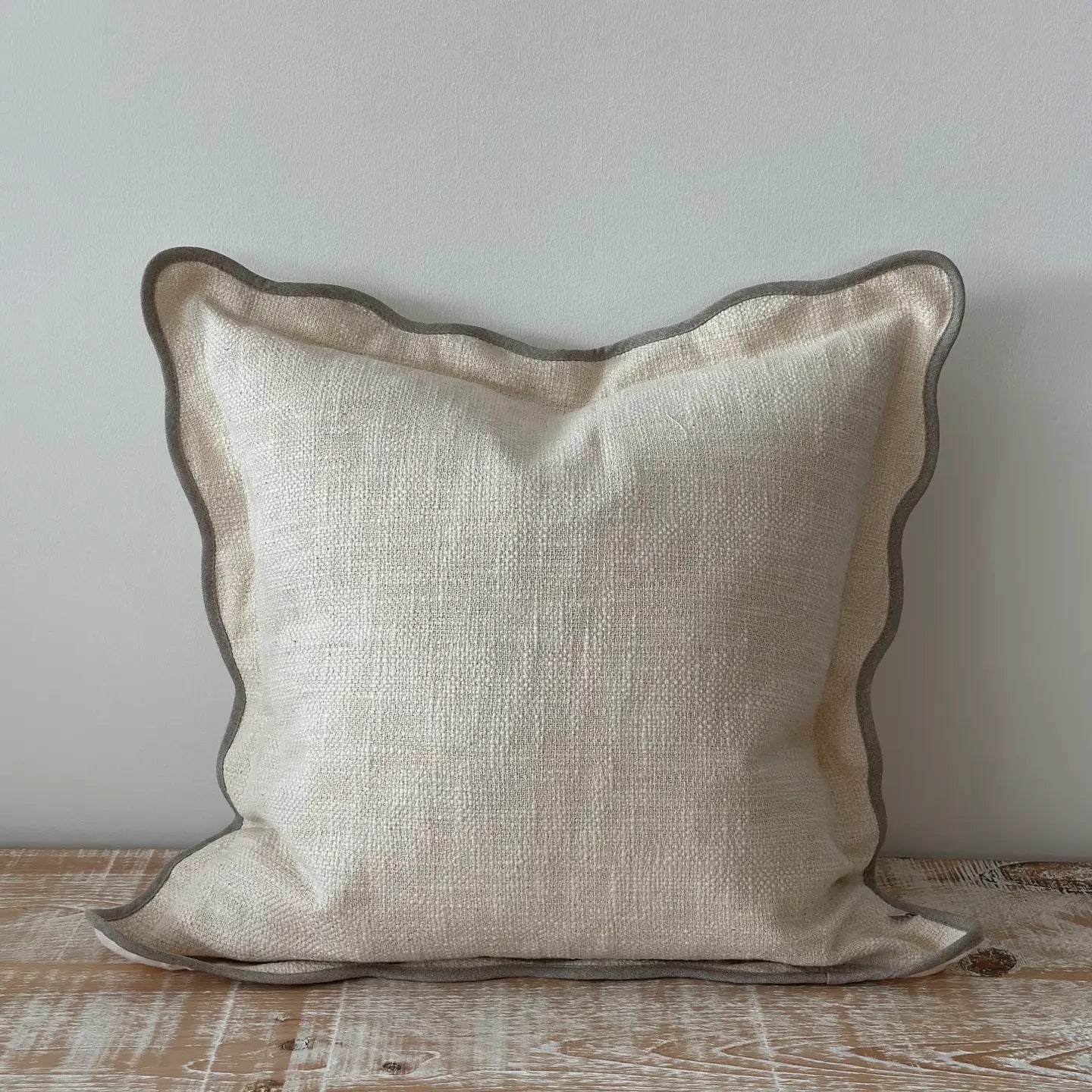 Beige plain poly cotton cushion cover 45cm square with scalloped edge and contrast trim