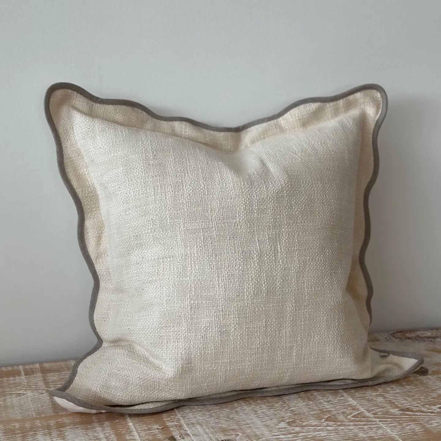 Beige plain poly cotton cushion cover 45cm square with scalloped edge and contrast trim
