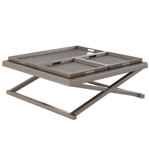 A beautiful aged oak square coffee table featuring removeable oak trays.