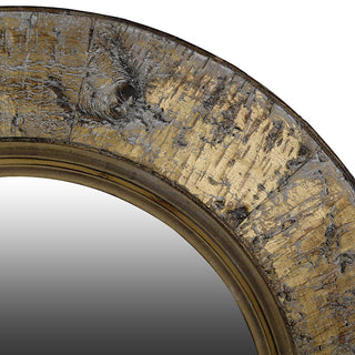 Birkdale mirror frame close-up showing genuine birch bark texture with natural knots, gold metallic flecks and antique gilt inner trim
