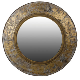 Birkdale round mirror with genuine birch bark frame in silver-grey and gold tones, antique gilt inner edging, 116cm diameter
