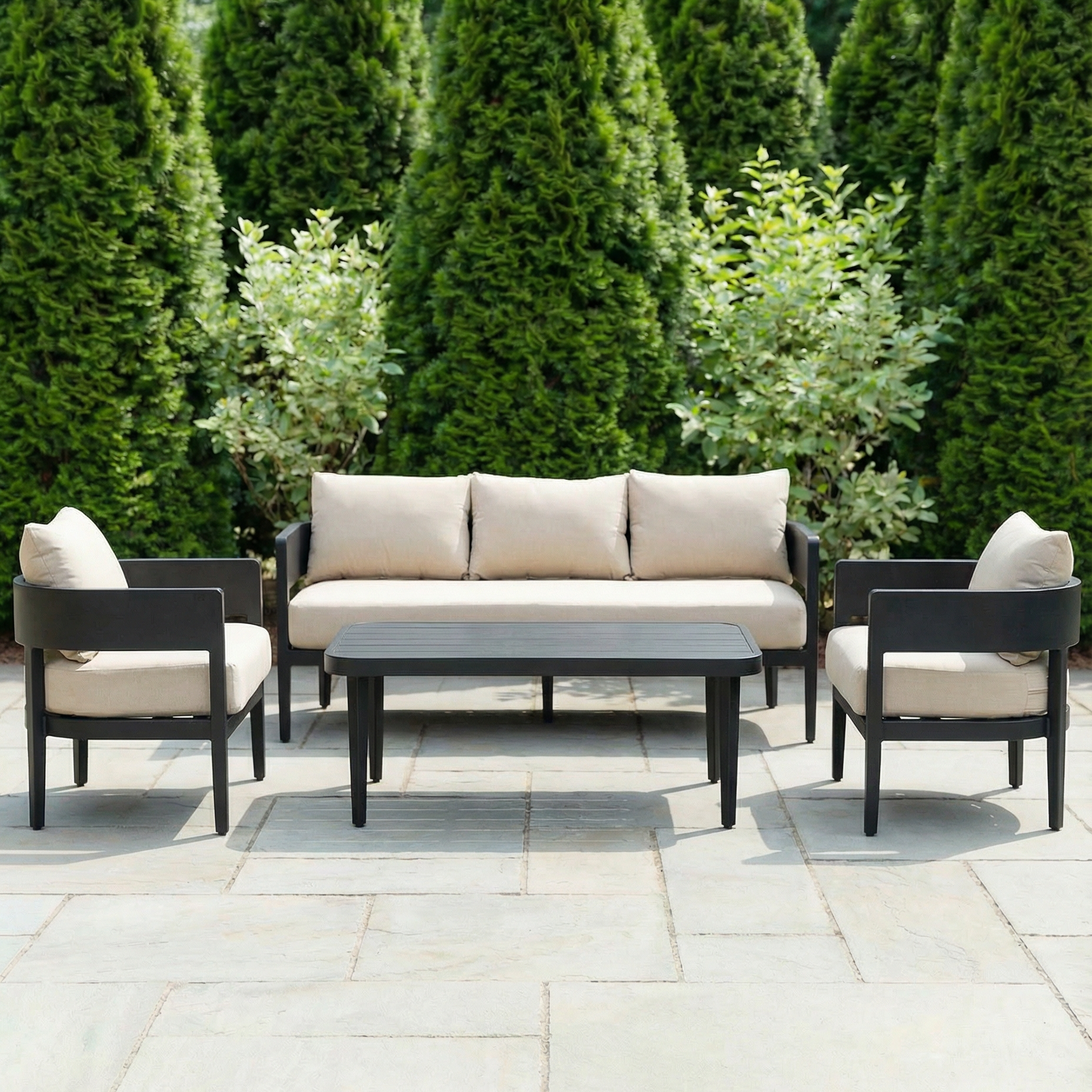 Biscayne outdoor patio sofa set with aluminium frame sofa chairs and coffee table with beige cushions