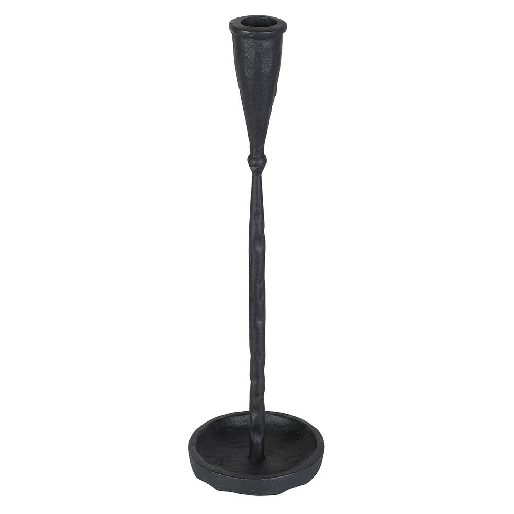 A black cast iron candlestick holder with a textured finish, featuring a tapered stem and a round base, shown against a plain white background.