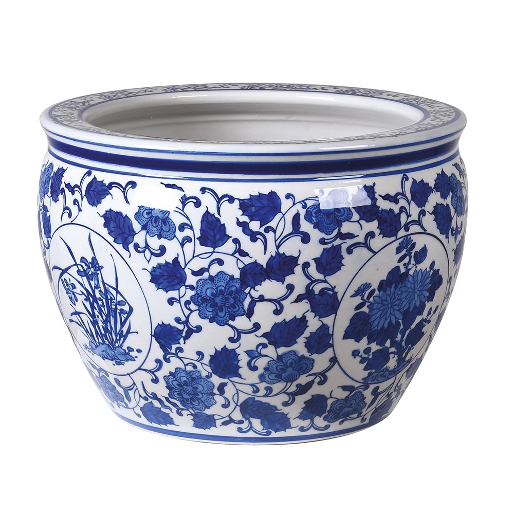 Blue and white chinoiserie ceramic planter with floral vine design and rounded shape