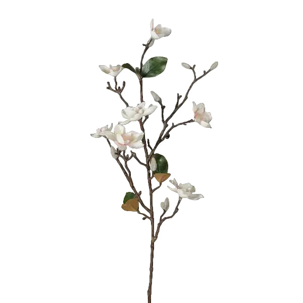 Artificial flower branch with white flowers and green leaves on a light gray background